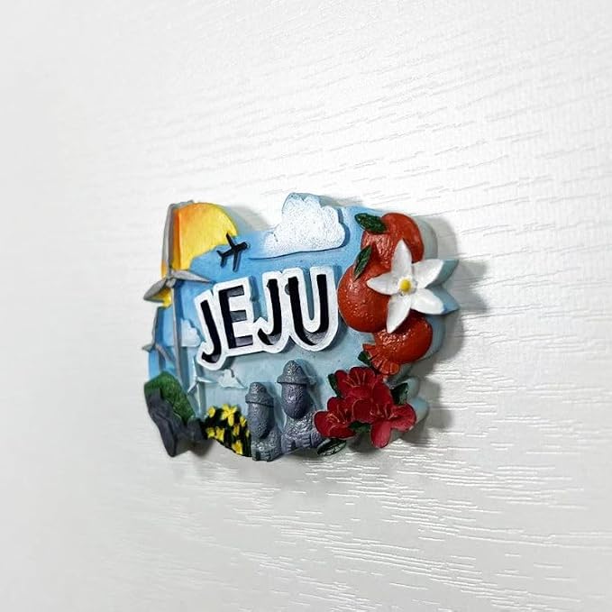 Jeju Island Korea 3D Resin Fridge Magnet, Decorative Souvenir with Windmill, Flowers, and Stone Statues, 7.7 x 5.0 cm