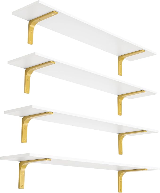 DINZI LVJ Long Wall Shelves, 47.3" Wall Mounted Shelves Set of 4, Large Floating Shelves with Metal Brackets, for Living Room, Bathroom, Bedroom, Kitchen, White and Gold
