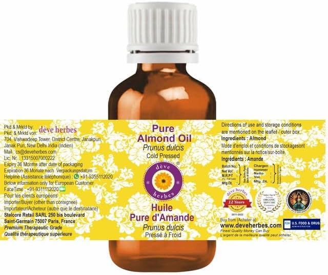 Deve herbes Pure Almond Oil (Prunus dulcis) Natural Therapeutic Grade Cold Pressed for Personal Care (Pack of Two) 100ml X 2 (6.76 oz)