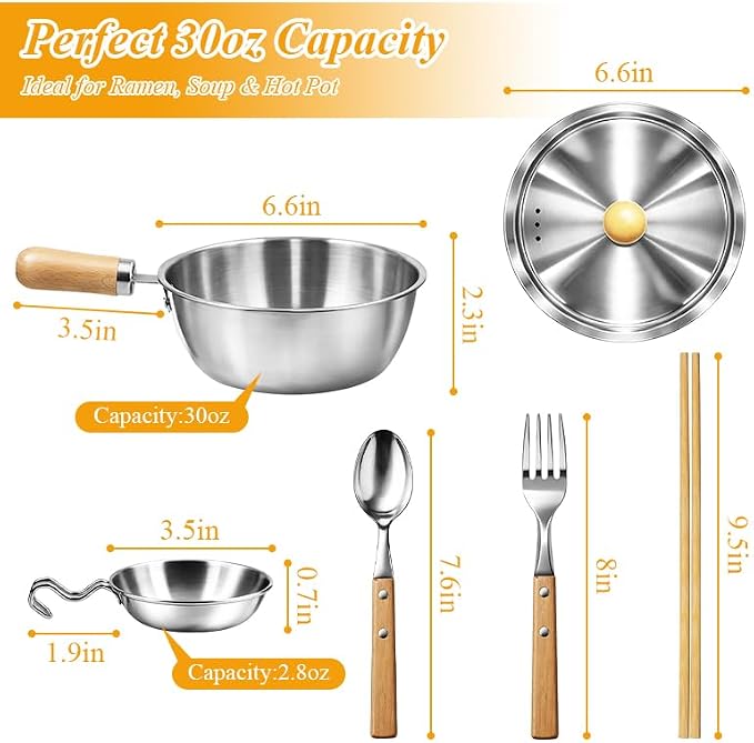 Korean Ramen Pot Set, 18/8 Stainless Steel Ramen Cooking Pot with Stainless Steel Lid, Coating-Free One-Person Dining Set, Wooden Handle Bowl, Fork Spoon Chopsticks&Sauce Dish, Safe for Gas Stove