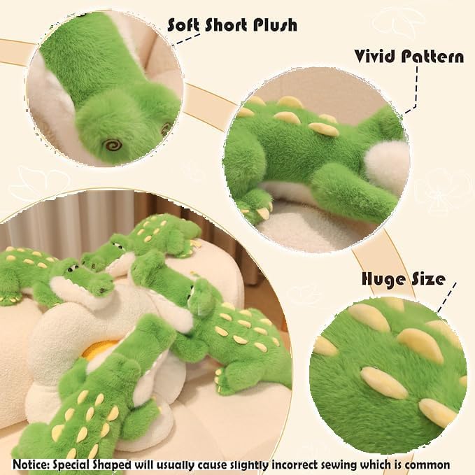 ELAINREN Furry Realistic Crocodile Plush Pillow Soft Green Alligator Stuffed Animal Toy Fluffy Gator Plushie Doll Gifts for Xmas/27.6''