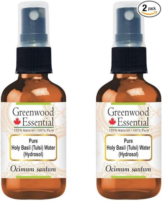 Greenwood Essential Pure Holy Basil (Tulsi) Floral Water (Hydrosol) (Ocimum santum) (Pack of Two) 50ml X 2 (3.38 oz)