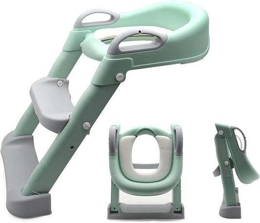 Classic Potty Training Toilet Ladder Seat With Upgraded Cushion Step Stool Ladder Toilet Trainer for Baby Toddler Kids Children In Green [P/N: ET-BABY002-GREEN-C]