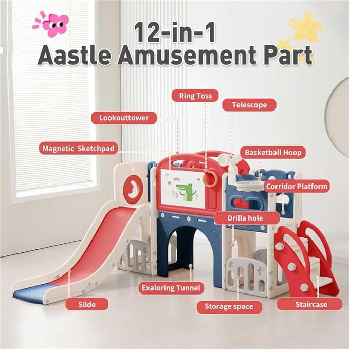 Outdoor Toddler Playset with Slide Set,Indoor Playground for Toddlers 1-3, Climber Play Set with Telescope Basketball Hoop,Tunnel Playhouse and Jungle Gym