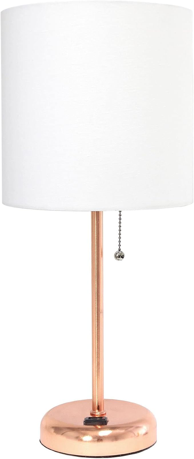 Oslo 19.5" Contemporary Bedside Power Outlet Base Standard Metal Table Desk Lamp in Rose Gold with White Drum Fabric Shade