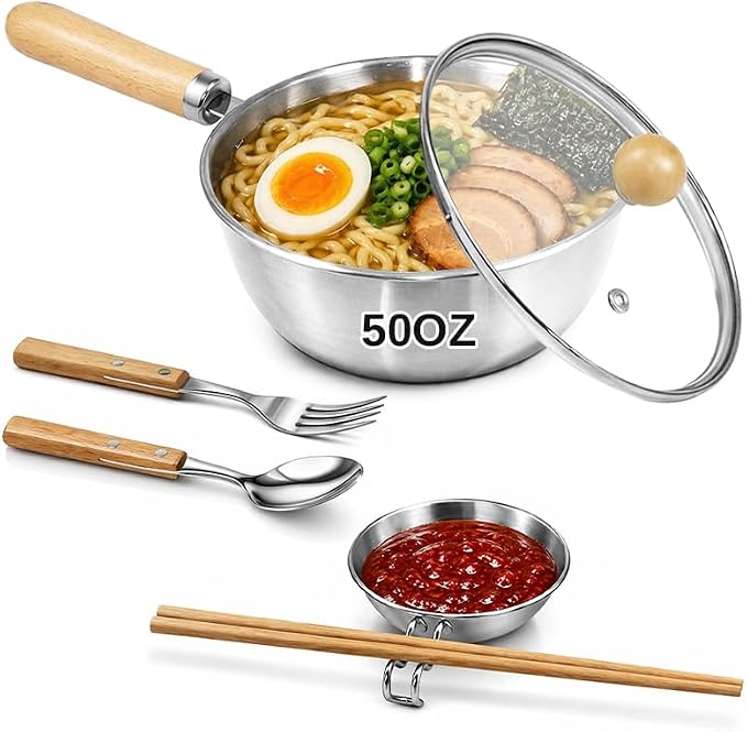 50oz Korean Ramen Pot Set, 18/8 Stainless Steel 7.5in Ramen Cooking Pot, Coating-Free One-Person Dining Set, Wooden Handle Bowl, Fork Spoon Chopsticks&Sauce Dish, Safe for Gas Stove