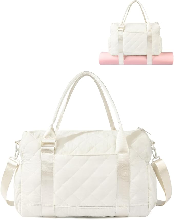 Gym Bag for Women with Yoga Mat Holder, Small Mini Gym Tote Bag Puffy Quilted Lightweight Sports Duffel Bag with Wet Compartment for Dance Yoga Workout Travel - Beige