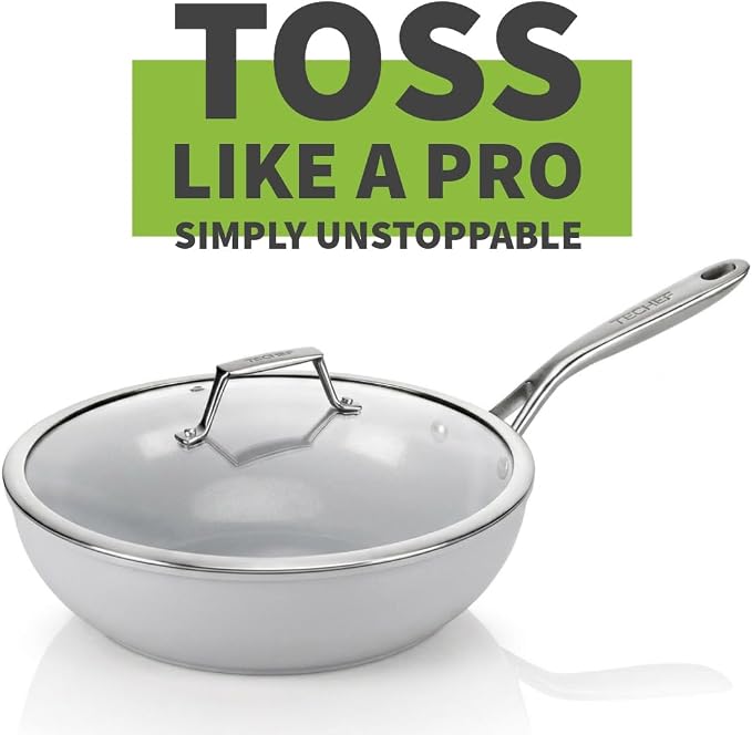 TECHEF - CeraTerra 12" Ceramic Nonstick Wok/Stir-Fry Pan with Glass Lid, (PTFE and PFOA Free Ceramic Exterior & Interior), Made in Korea (12-in with lid)