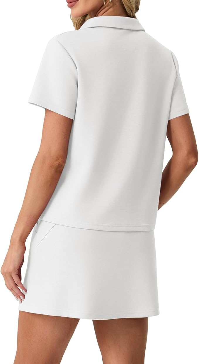 GRECERELLE Women's Summer 2 Piece Skort Set Half Zip Short Sleeve Top & Pocketed Tennis Skirt For Sports & Vacations.