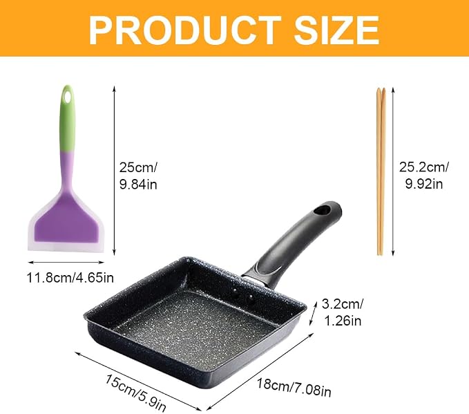 LOQJSS Tamagoyaki Pan Set – Japanese Omelette Pan 5.9x7 Inches Rectangle Egg Roll Pan & Silicone Brush, Chopsticks & Spetula,For Sandwiches,Crepes,Salmon,Bacon,Pancakes,Etc