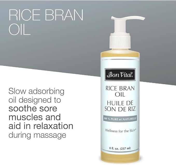 Bon Vital' Rice Bran Oil, 100% Pure and Cold Pressed Carrier Oils for Diffusers, Professional Massage Oil, Best Beauty Secret for Soft & Smooth Skin, Moisturizer, 8 Ounce Bottle
