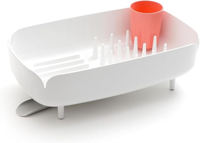 Small Dish Drying Rack for Kitchen Counter, Compact Dish Drainer with Drainage Spout & Spoon Holder, Space-Saving Drying Rack for Small Kitchens, Apartments & RVs, Made in Korea (Coral)