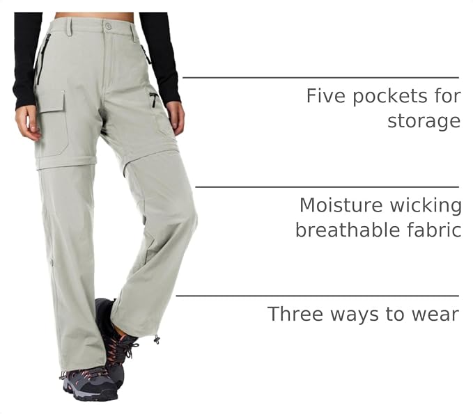 Cycorld Women's-Hiking-Pants-Convertible Quick-Dry-Stretch-Lightweight Zip-Off Outdoor Pants with 5 Deep Pockets
