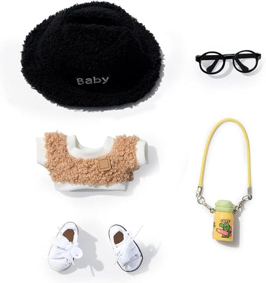 5 Set 17cm Doll Clothes -Clothes for Dolls Outfit - Accessories for 17cm Dolls Clothes +Light Pink Heart-Shaped Velvet hat + Small Camera + Glasses + Canvas Shoes, No Doll Included (Style A6)