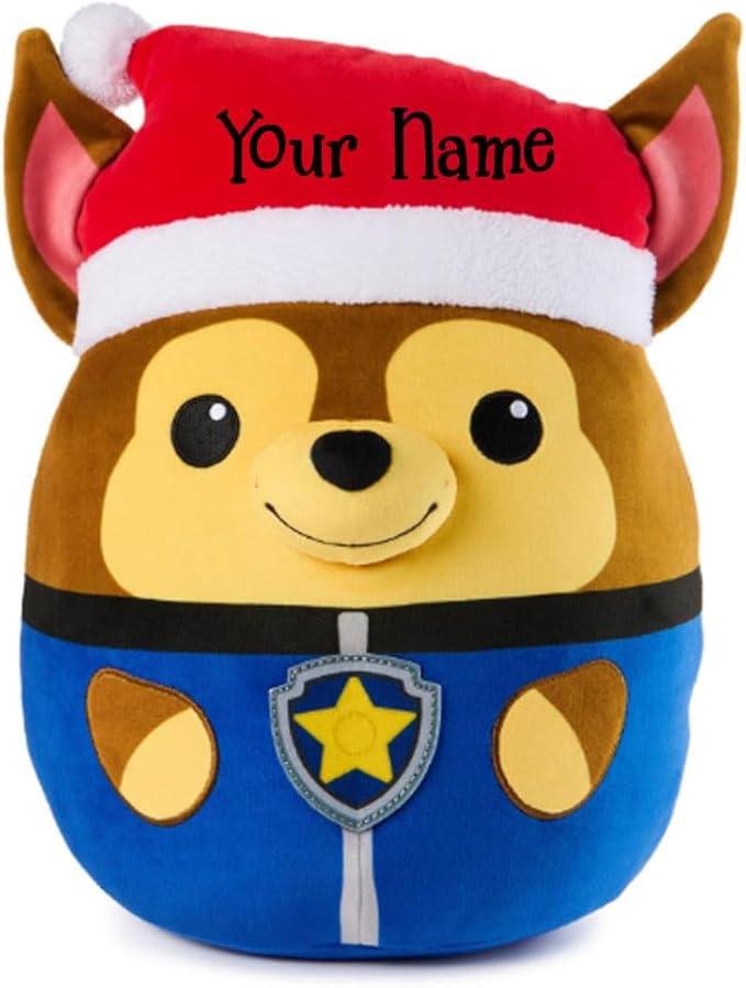 Personalized PAW Patrol Winter Holiday Puppy Squish Plush - 12 in (Personalized Chase with Santa Hat)
