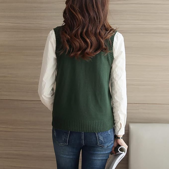 jinghuiyue Women’s V Neck Sweater Vest School Uniform Solid Color Sleeveless Knit Sweaters Pullover Tank Tops