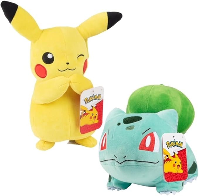 Pokemon 8" Pikachu & Bulbasaur Plush 2-Pack - Generation 1 Starter - Officially Licensed - Authentic Soft Stuffed Animal Toy Figures - Gift for Kids, Boys, Girls - 2+