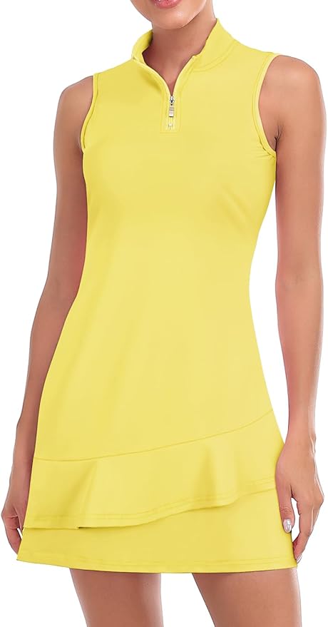Viracy Tennis Dress for Women Sleeveless Golf Dresses with Shorts and Pockets Ruffle Zip Up Stand Collar Golf Outfits