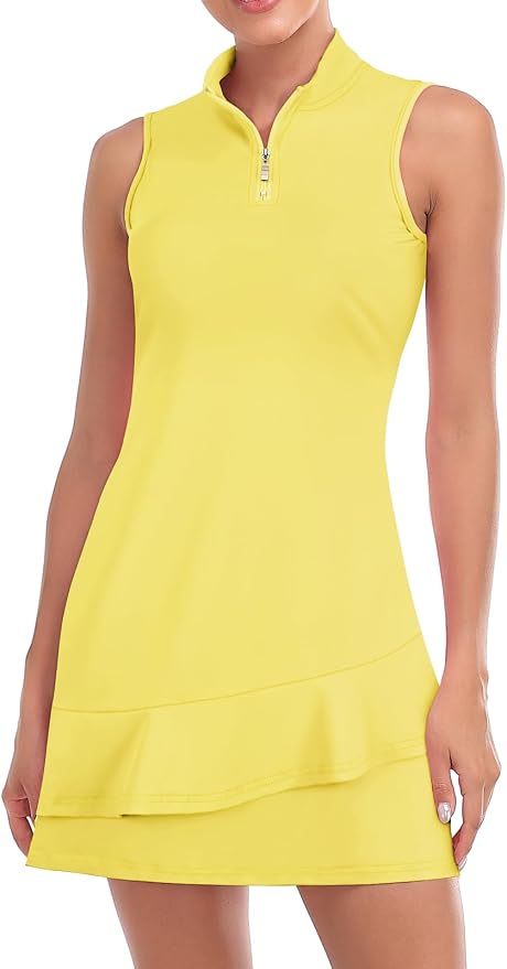 Viracy Tennis Dress for Women Sleeveless Golf Dresses with Shorts and Pockets Ruffle Zip Up Stand Collar Golf Outfits