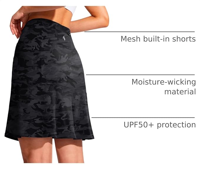19" Ruffled Golf Skirts for Women | 3 Zipper Pockets, Knee Length, High Waisted, Long Skorts for Athletic, Casual, Tennis, Pickleball