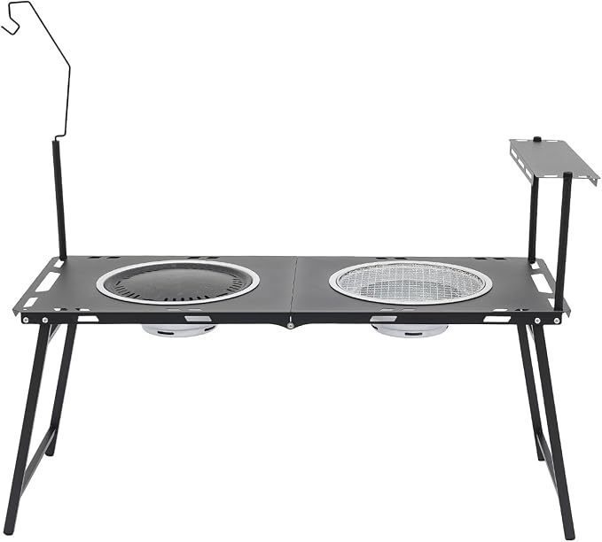 Portable Charcoal Grill Table, Folding Korean BBQ Camping Station with Dual Grill Racks, Frying Pan, Side Shelf & Lantern Stand, High-Carbon Steel for Outdoor Picnic, Barbecue & Travel