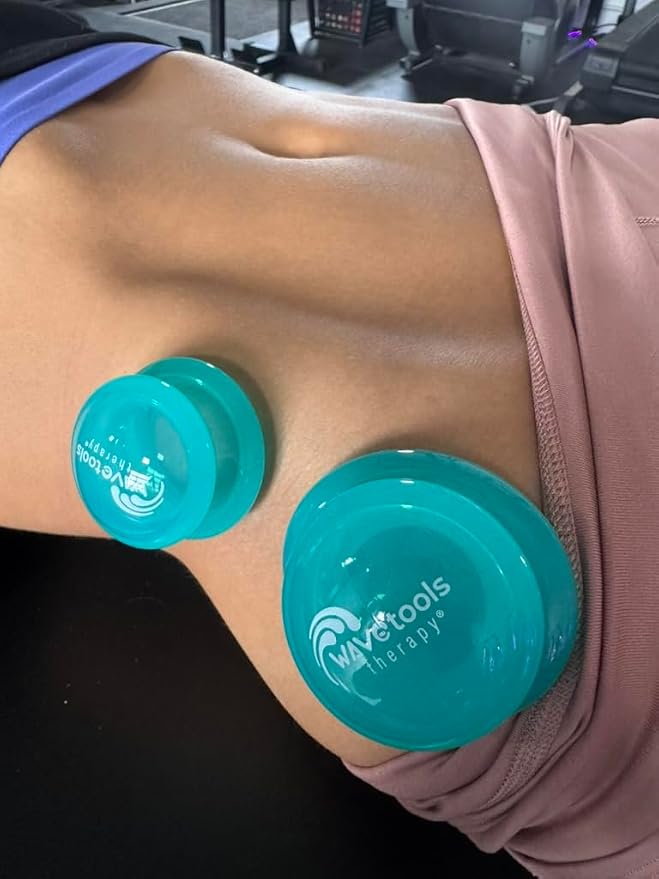 Easy Glide professional Silicone Sport Cupping set with 4 translucent teal silicone cups in cotton bag with 1/3 oz natural Balm. For massage, myofascial release, athletic recovery, cellulite and scars