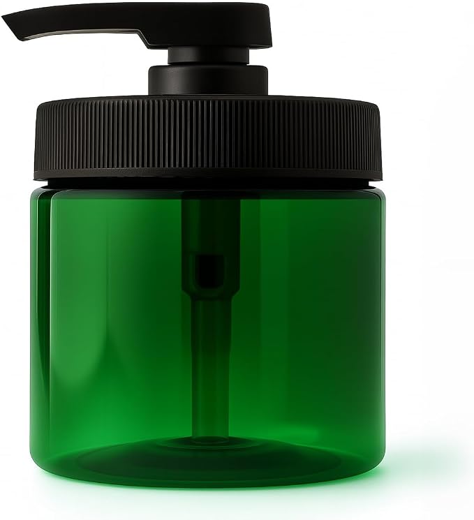 Royal Massage 16oz Refillable Pump Jar with Locking Dip Tube Dispenser – BPA-Free Plastic Container for Massage Oils, Lotions, Creams – Ribbed Lid Wide-Mouth Jar – Durable & Reusable (Green/Black, 1)