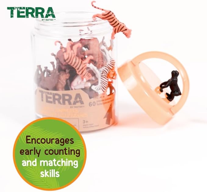 Terra by Battat – 60 Pieces Wild Creatures Tube – Realistic Mini Animal Figurines – Lion, Hippo, Tiger, Bear & More Safari Animals – Educational Toys for Kids & Toddlers 3+ Years