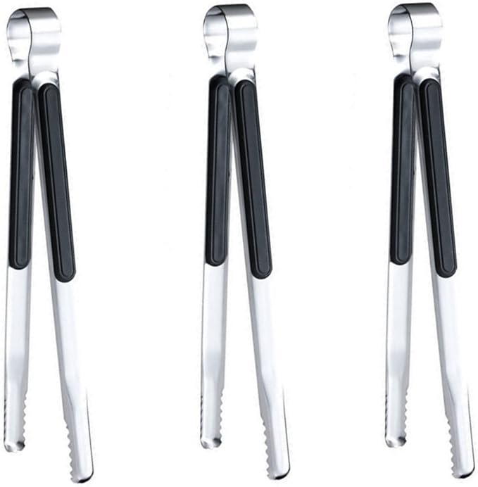 3 Pcs Korean BBQ Tongs, Barbecue & Grill Tools, Kitchen Tongs, Stainless Steel Heavy Duty for Cooking, Meat Clip, Bread Clip, Ice Tongs (Black)