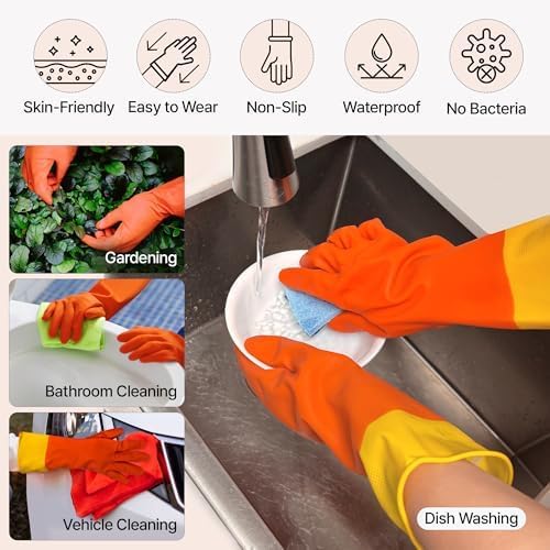 USE FUN Kitchen Rubber Gloves – 100% Natural Latex, Durable Non-Slip Waterproof Dishwashing Gloves, M/L/XL