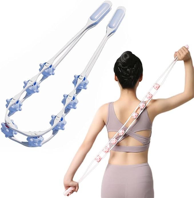 Back Massage Roller Rope, Manual Balll Pull Back Strap with 8 Rollers, Handheld Cellulite Self Massage Tool for Body Shaping, Leg Muscle Relief (Blue)