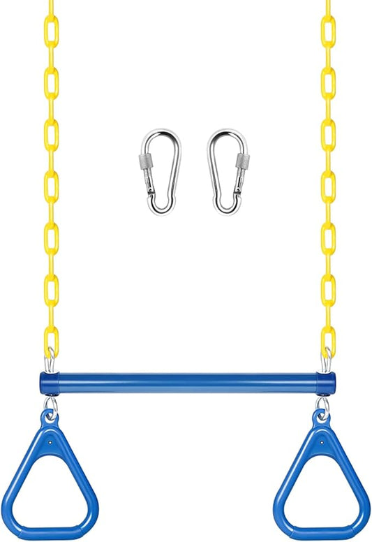 LadyRosian 17" Trapeze Bar Swing Set Gym Rings 47" Heavy Duty Chain Swing Set Accessories with Locking Carabiners Plastic Coated Chains Monkey Bars for Backyard, Playroom (Blue)
