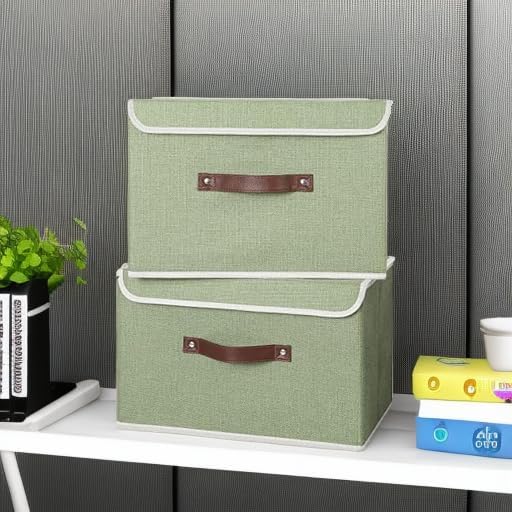 ANMINY Fabric Storage Box Bins with Lids, Green, 15"x10"x10", 2 Pack | Keepsake Memory Storage, Cotton Linen, PP Board Reinforced, Washable, PU Handles, Foldable & Stackable, Decorative, Large