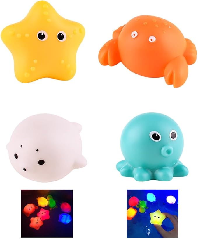 Baby Bath Toy Set, Glowing Animal Tub Toy No Hole Light Up Bathtub Toy Luminous Ocean Animal Floating Toy with Colorful Light for Boys and Girls-Starfish, Crab, Octopus and Whale (D)