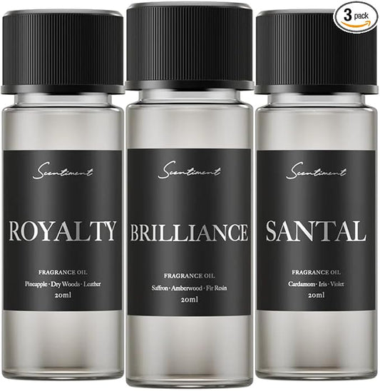 Scentiment Diffuser Oil Sample Set – 3 Pack Royalty, Brilliance, Santal, Pineapple – Saffron & Cardamom Blends, Luxury Hotel-Inspired Fragrance Oils for Cold Air Diffusers – 3 x 0.68 fl oz (20 mL)
