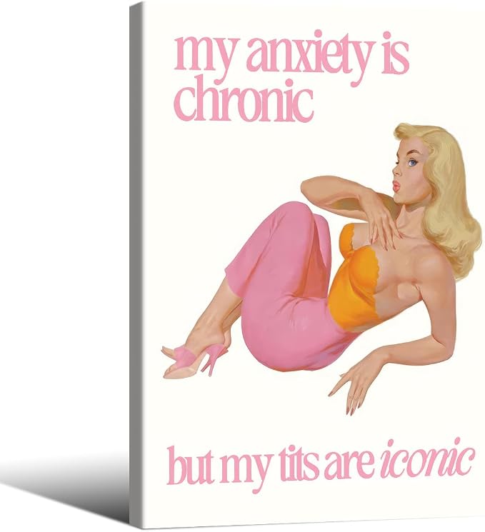 Funky Sexy Women Wall Art Funny Quote Social Anxiety Poster 60s 70s Vintage Housewife Canvas Prints 24X36 inch Framed for Apartment Wall Decor