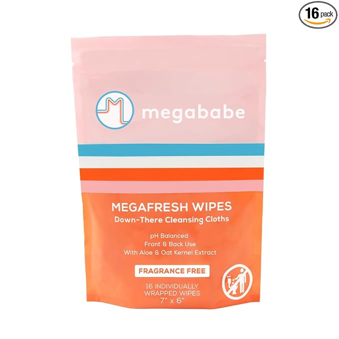 Megababe Megafresh Wipes | Unscented Cleansing Wipes for the Intimate Area | Summer and Hot Weather Essential | pH Balanced, Front & Back Use | 16 Individually Wrapped Wipes (Pack of 1)
