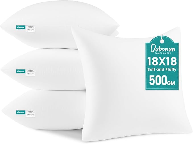 Oubonun 18 x 18 Throw Pillow Inserts Set of 4 | Soft, Plush & Decorative Down Alternative Pillows for Couch Sofa Bed, Machine Washable - White, Pack of 4