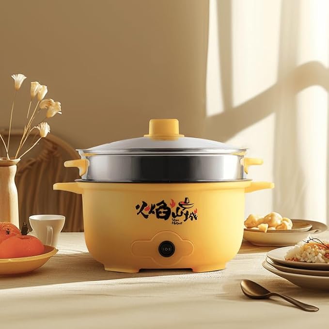 VEGAS Electric HOT POT Multifunction Steam & Cooking Ramen Pot with Automatic Keep Warm Mode Nonstick Inner Pot & Full-View Glass Lid &Stainless steel steamer basket Color Shipped Randomly (10inch)