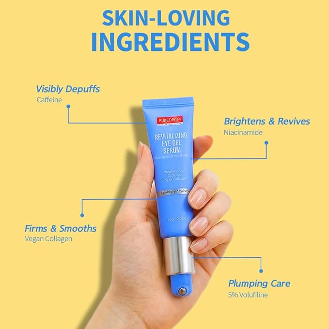 Purederm Revitalizing Eye Gel Serum – Cooling Eye Roller with 5% Volufiline, Caffeine & Vegan Collagen – Reduce Puffiness, Fine Lines & Dark Circles – For All Skin Types – 0.88 oz