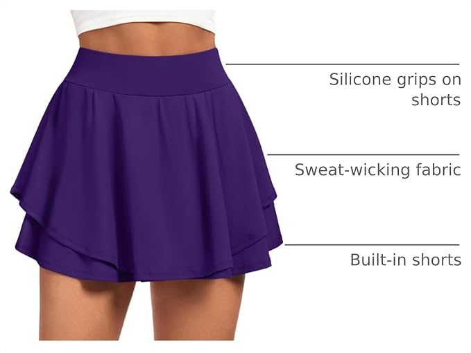 IUGA Tennis Skirt Pleated Skorts for Women with Pockets Skirts for Women | Double Ruffle Skort , Built-In Shorts, 2 Pockets, Tummy Control Breathable, Quick-dry, for Golf, Athletic, Running, Workout