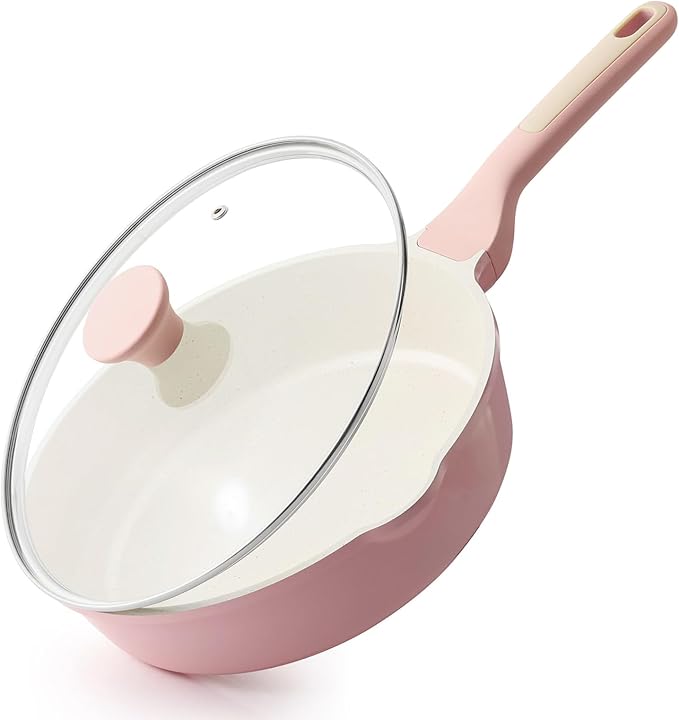 SENSARTE Nonstick Ceramic Skillet with Lid 10-inch, 3.5QT Non Toxic Deep Frying Pan, Saute Pan with Lid, Stay-cool Handle, Healthy Cooking Pot, Induction Compatible, Pink