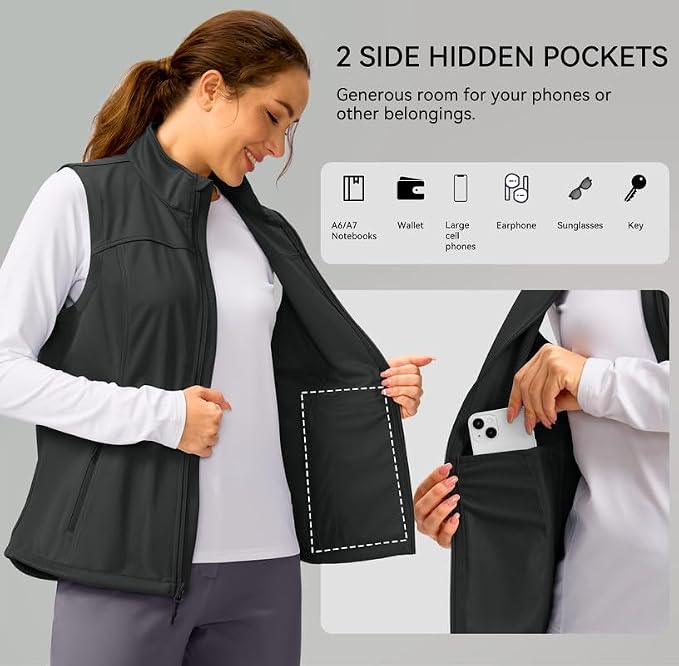 Soothfeel Women's Vest with Zipper Pocekts Lightweight Softshell Sleeveless Jacket Hiking Travel Golf Running Vest for Women