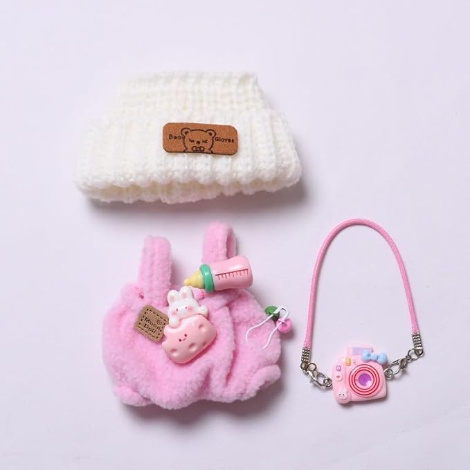 Designer Clothes Set for 15cm/17cm La Booboo Dolls, Dolls Knit Outfit Accessories with Pink Sweater Overall, Pink Camera and Beanie, DDK-Pink