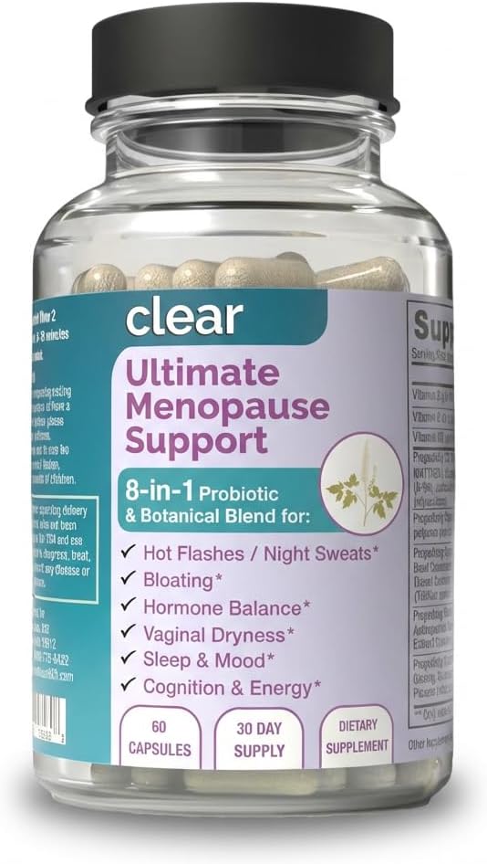 Clear Menopause Support for Women | 25-in-1 Formula with Black Cohosh, Dong Quai, Pre & Probiotics | Hot Flashes, Night Sweats, Mood, Sleep & Digestion | Hormone-Free | Made in USA | 60 Capsules