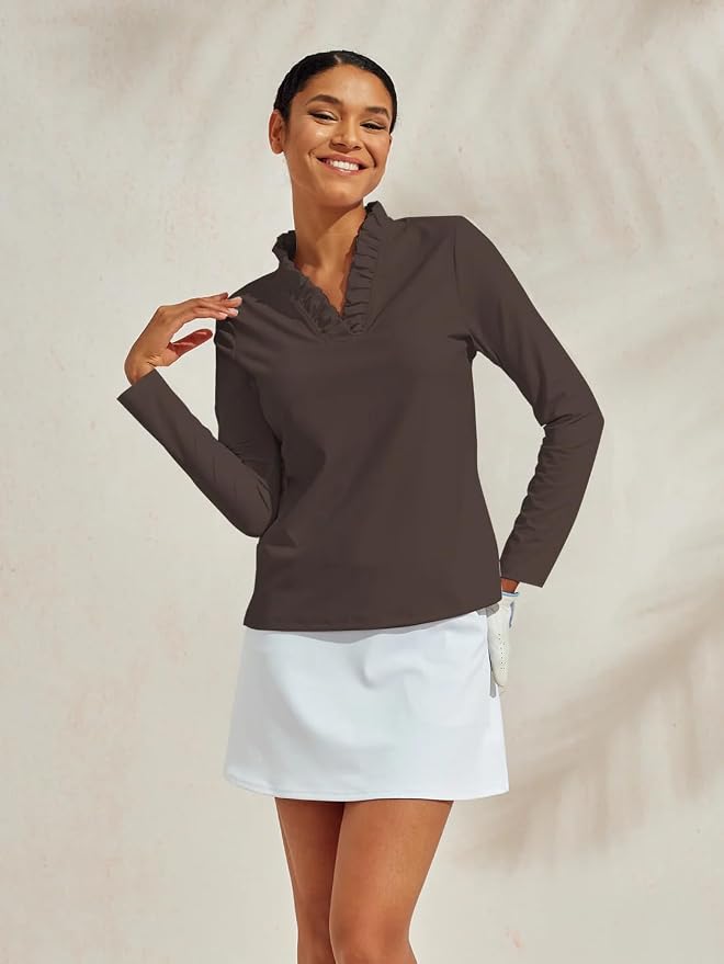 ACEGOLFS Womens Golf Polo Shirts Casual Ruffle V Neck Long Sleeve Tops for Women UPF 50+ Rash Guard Ladies Pullover Shirt