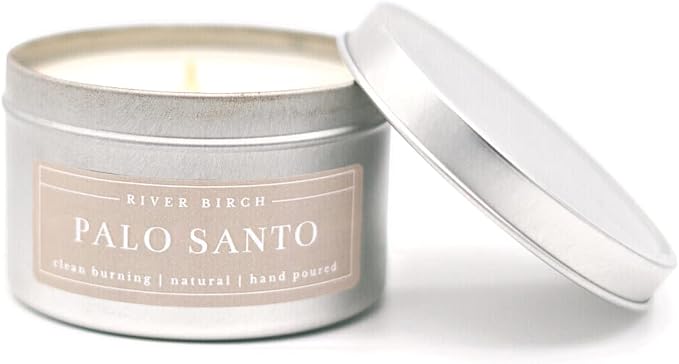 River Birch Premium, All-Natural, Non-Toxic Soy Candles | Palo Santo Scented | 8 oz. Silver Tin Travel Candle | Cozy Relaxing Gifts for Home