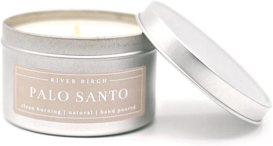 River Birch Premium, All-Natural, Non-Toxic Soy Candles | Palo Santo Scented | 8 oz. Silver Tin Travel Candle | Cozy Relaxing Gifts for Home