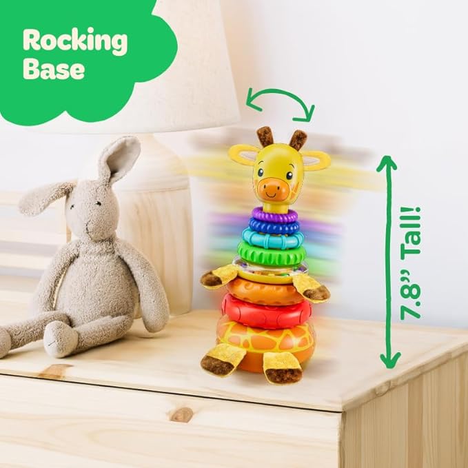 Move2Play, Stacking Toy, Includes 7 Unique Rings, Montessori Development, Baby Toy, Gift for 1 Year Old Boys & Girls, Ages 0-6+, 9, 10, 12, 18+ Months (Giraffe Stacker)