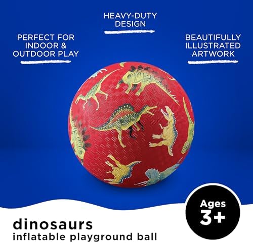 Crocodile Creek Playground Ball - Durable Rubber for Kids Ages 3 and Up - Bouncy Inflatable for Kickball, Indoor Games, and Outdoor Sports - PVC-Free - Dinosaurs - Red - 7-inch Diameter